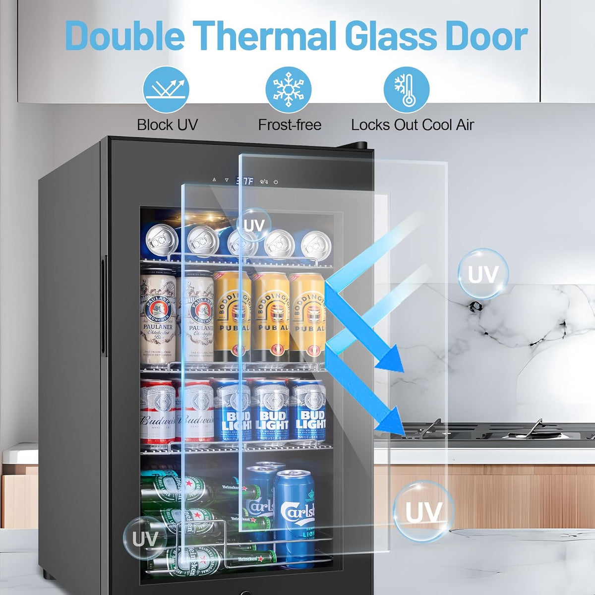 Beverage Refrigerator Cooler, 17 Inch 120 Cans Freestanding Mini Fridge with Glass Door, Adjustable