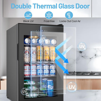 Beverage Refrigerator Cooler, 17 Inch 120 Cans Freestanding Mini Fridge with Glass Door, Adjustable