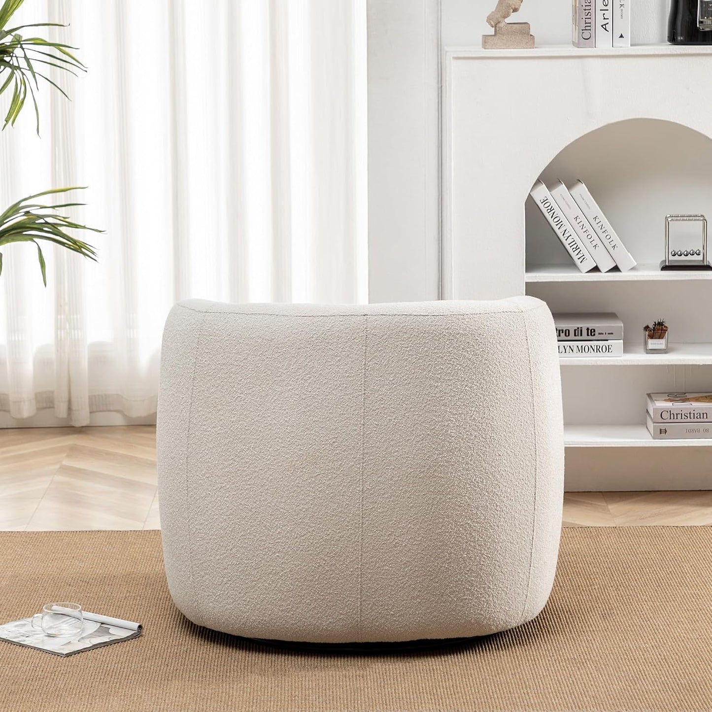 KINWELL 34" Wide Boucle Swivel Barrel Chair, No Assembly Round Upholstered Armchair Accent Chair