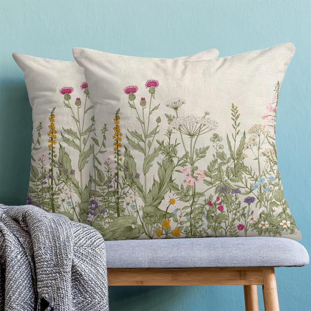 Spring Floral Pillow Covers 18 x 18 Inch Set of 2 Vintage Sage Green Wild Flowers Decor Throw