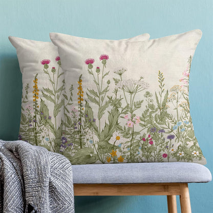 Spring Floral Pillow Covers 18 x 18 Inch Set of 2 Vintage Sage Green Wild Flowers Decor Throw