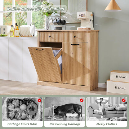 Modern Double Tilt-Out Trash Cabinet, 20 Gallon Fluted Laundry Hamper Cabinet with 2 Drawers
