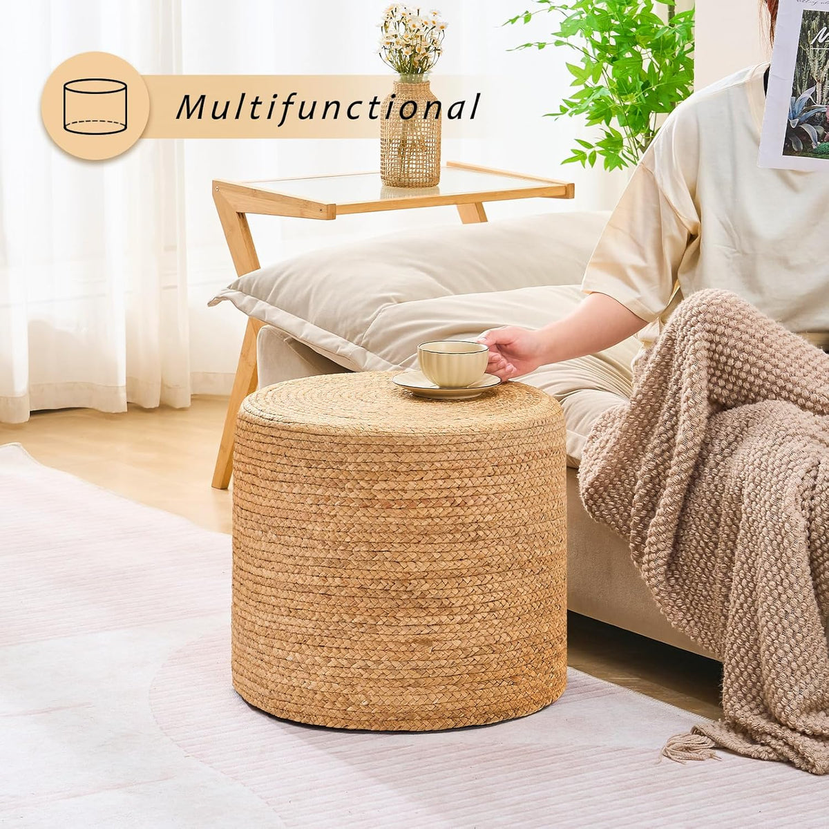 Handwoven Ottoman Pouf, Natural Water Hyacinth Footstool, Round Braided Outdoor Seat with Sturdy