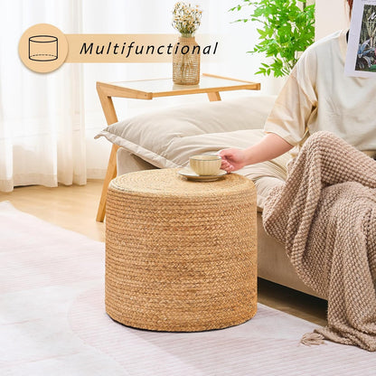 Handwoven Ottoman Pouf, Natural Water Hyacinth Footstool, Round Braided Outdoor Seat with Sturdy