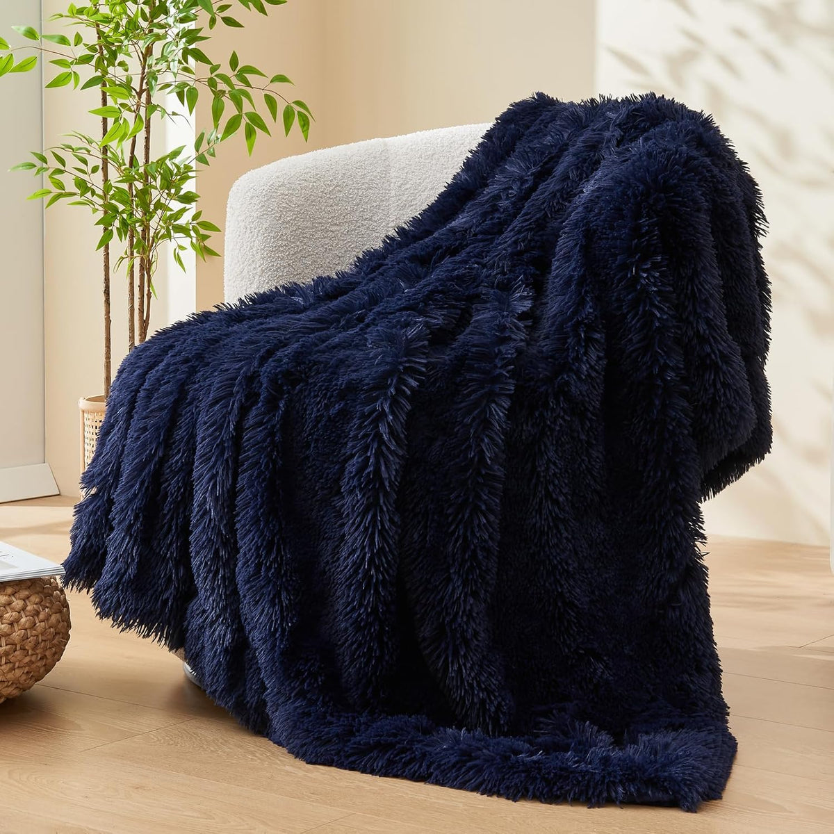 GONAAP Fuzzy Faux Fur Throw Blanket Dark Navy Super Soft Cozy Plush Fuzzy Shaggy Blanket for Couch