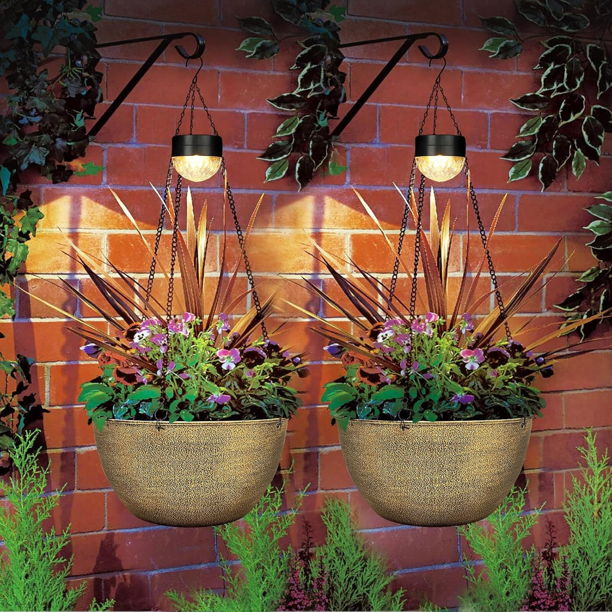 2 Packs Hanging Planters Basket for Outdoor Plants, Solar Powered Self Watering Copper Round