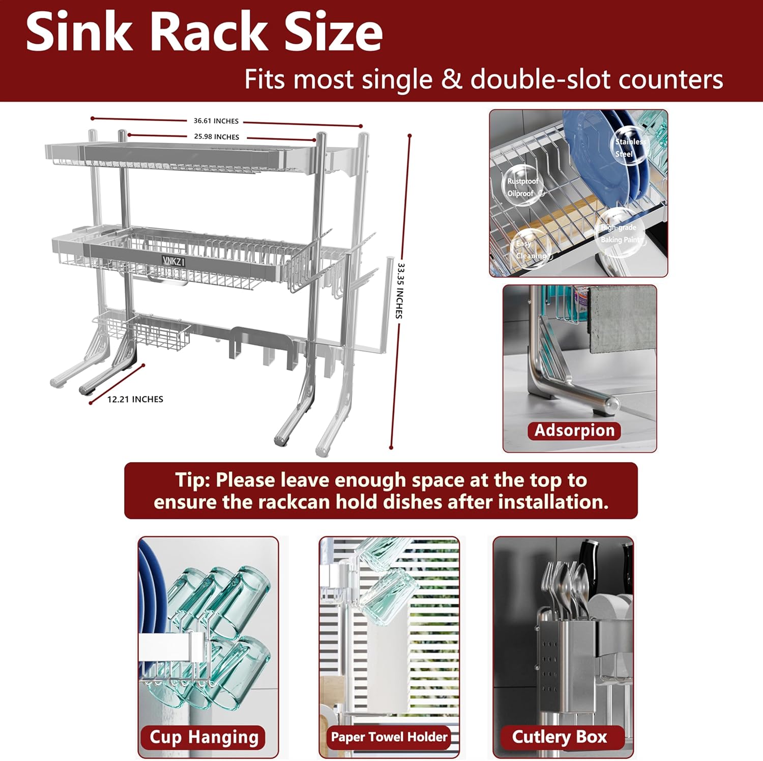 VNKZI Over Sink Dish Drying Rack, 3 Tier Full Stainless Steel Storage Adjustable Length (25.98'' to
