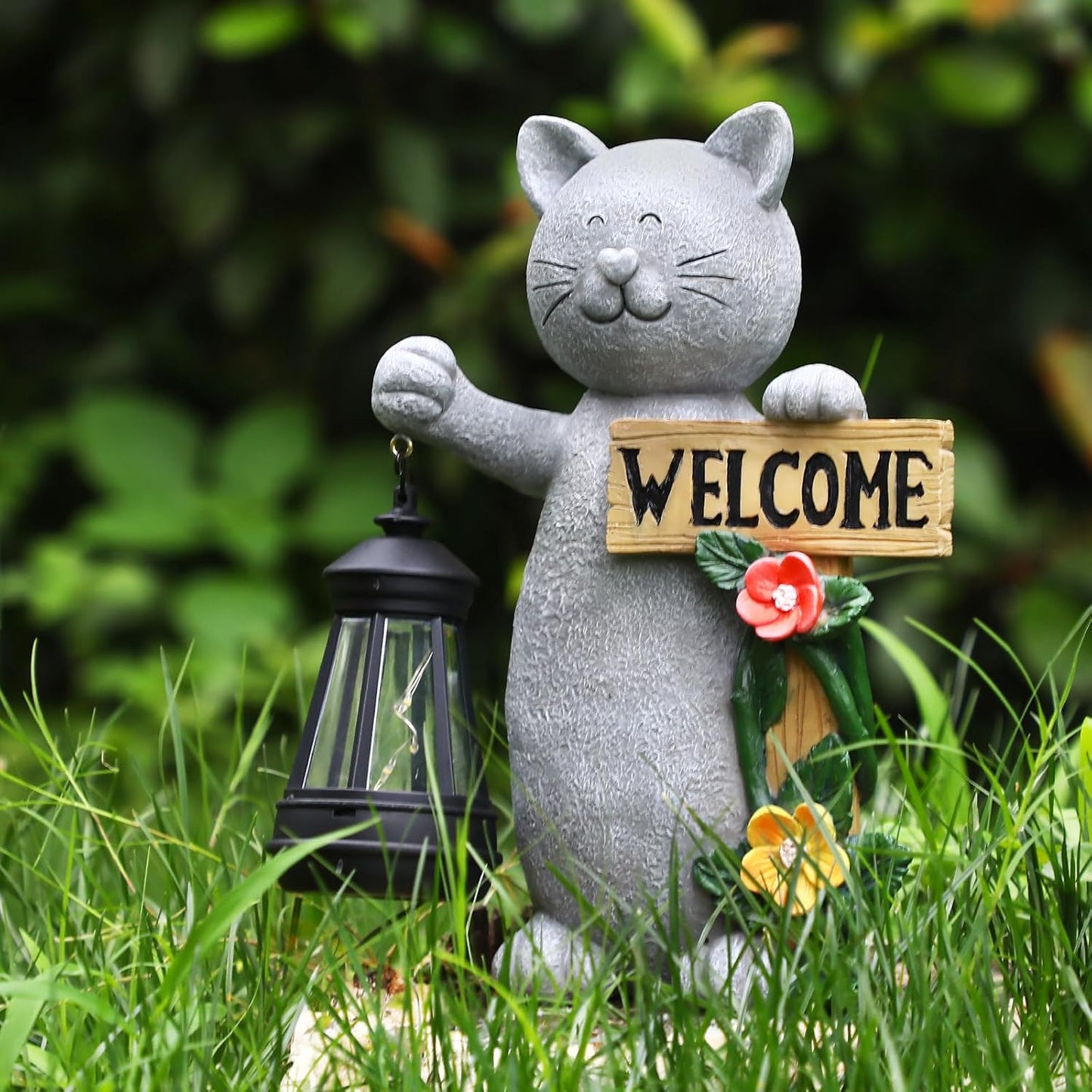 Json Garden Statue Solar Cat Figurine with Lantern, Solar Garden Decorations Statues for Patio