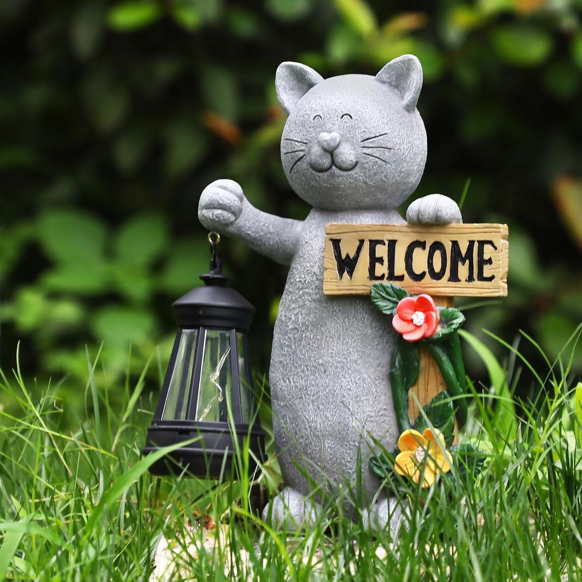 Json Garden Statue Solar Cat Figurine with Lantern, Solar Garden Decorations Statues for Patio
