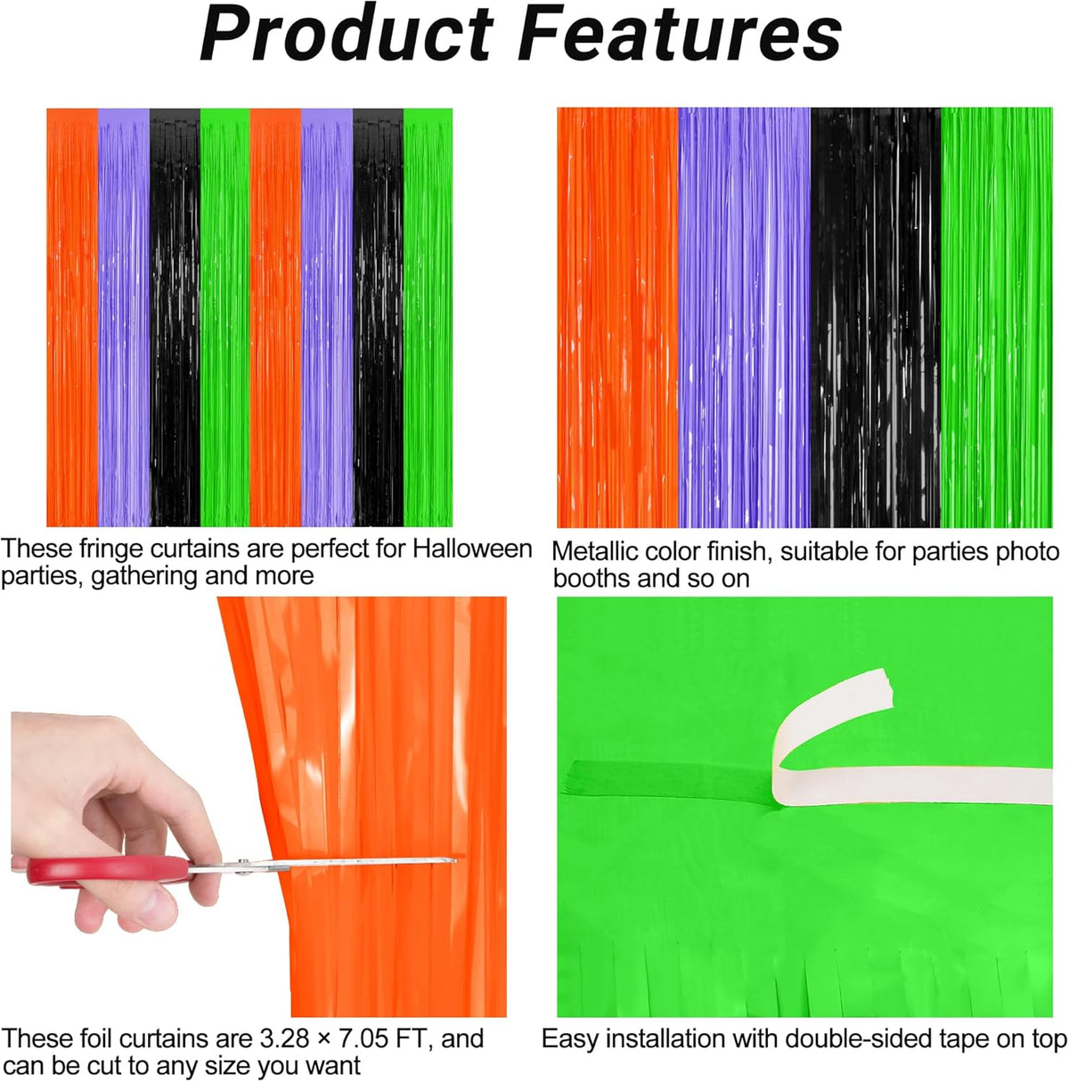 2 Pack Halloween Backdrop, 3.28 FT x 7.05 FT Orange Purple Black Green Party Streamer, Metallic