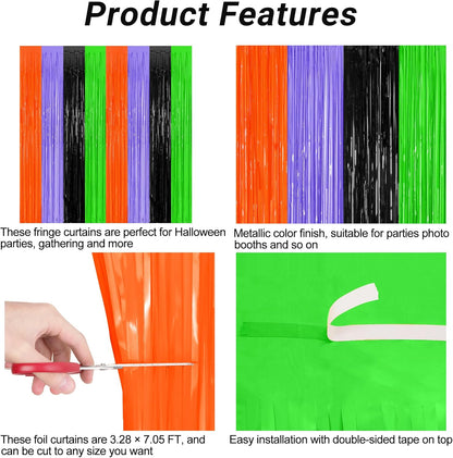 2 Pack Halloween Backdrop, 3.28 FT x 7.05 FT Orange Purple Black Green Party Streamer, Metallic