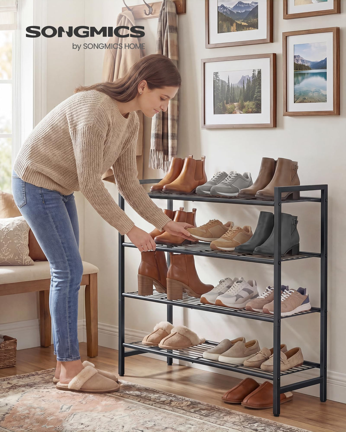 SONGMICS Metal Shoe Rack, Free Standing Shoe Organizer for Entryway Closet Garage Small Spaces
