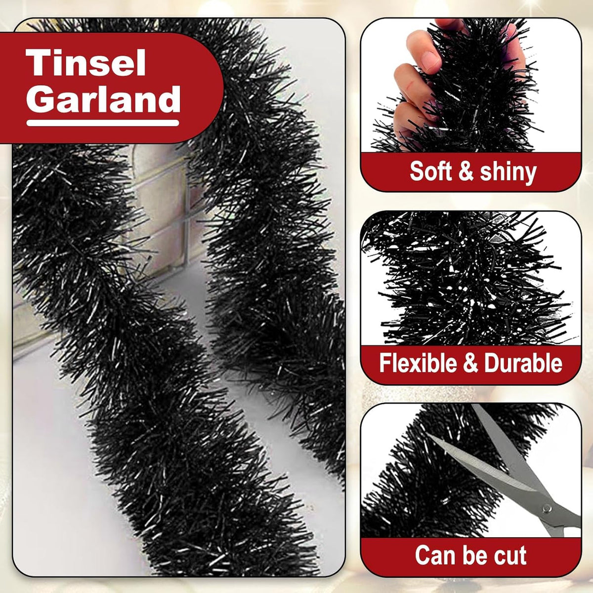 50 Feet Christmas Tinsel Garland, Metallic Twist Wall Hanging Tinsel Backdrop for Parade Floats