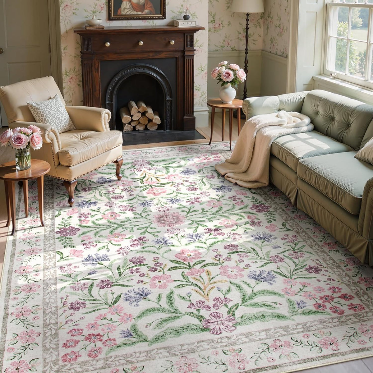 Wonnitar Purple Floral 8x10 Area Rugs, Washable Rug for Living Room, Soft Ultra-Thin Non-Shedding