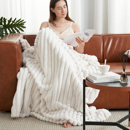 Amélie Home Faux Fur Throw Blanket for Couch, Cozy Fuzzy Fluffy Fur Luxurious Soft Striped Plush