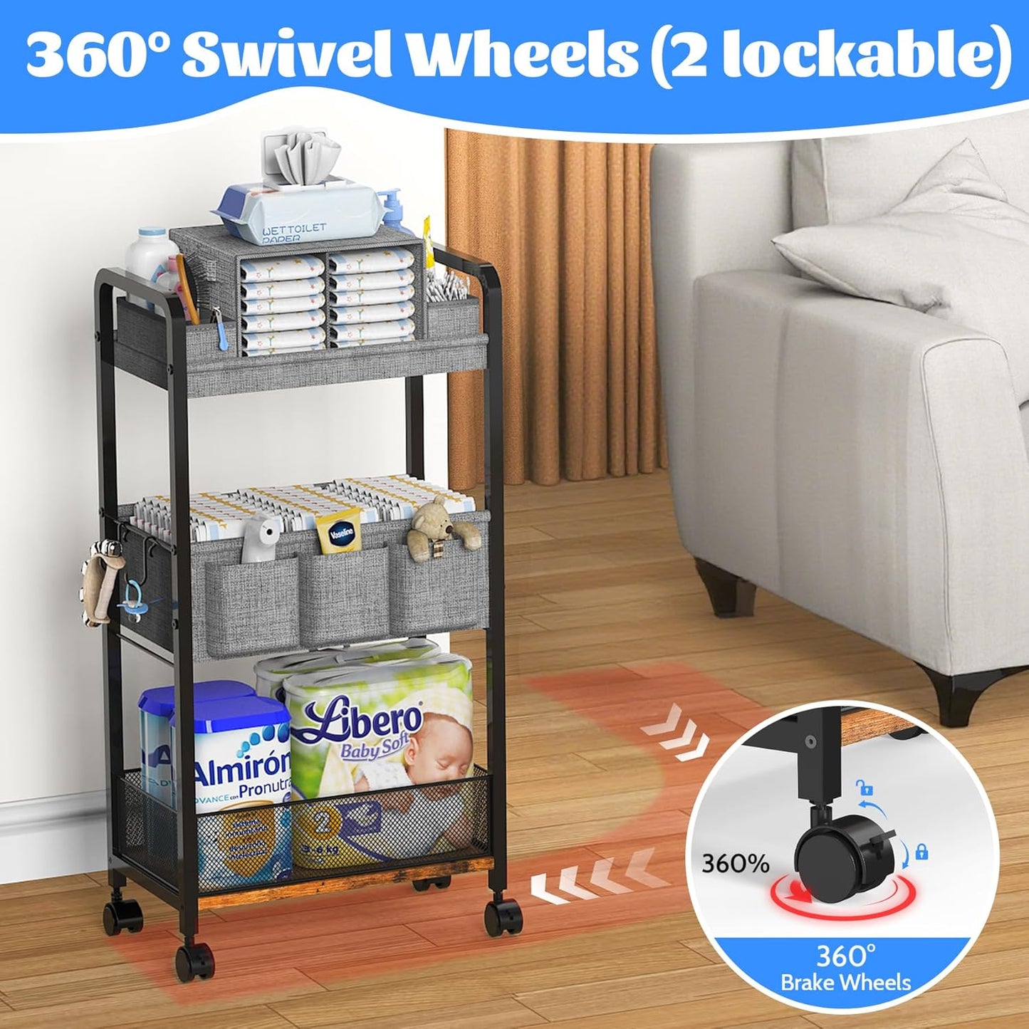 2In1 Baby Diaper Caddy & 3-Tier Rolling Diaper Cart, Caddy Organizer Cart with Dividers, Mobile