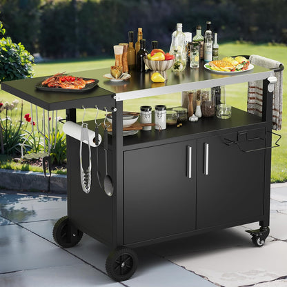 Vongrasig Grill Cart with Storage, Outdoor Bar Cart Rolling BBQ Cart Movable Pizza Oven Table Stand