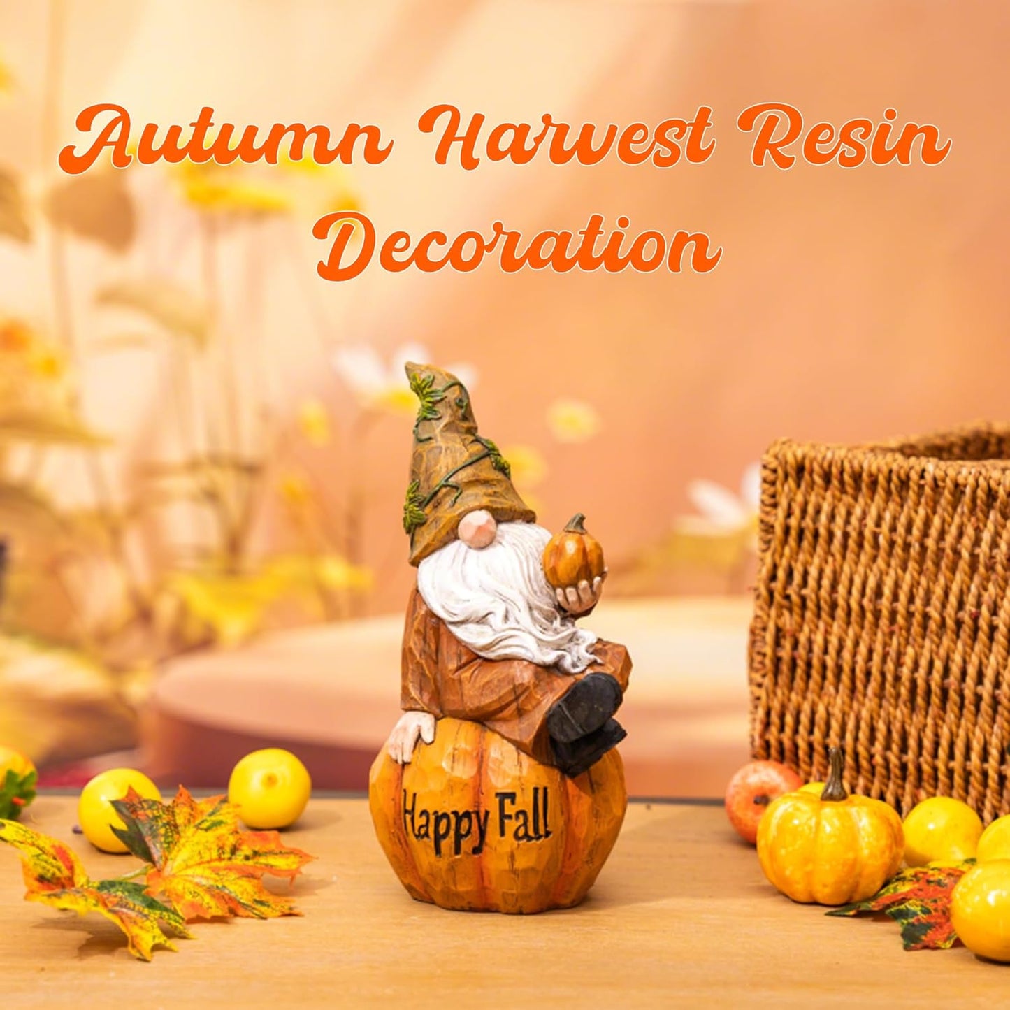 Topadorn Fall Garden Gnome Figurine Sitting on Pumpkin Statue Autumn Harvest Garden Gnomes Statue
