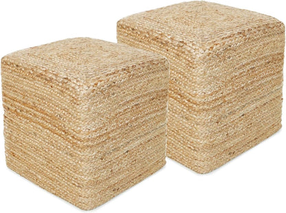 REDEARTH · Cube Pouf Foot Stool Ottoman - Jute Braided Pouffe Poof Accent Sitting - Set of 2