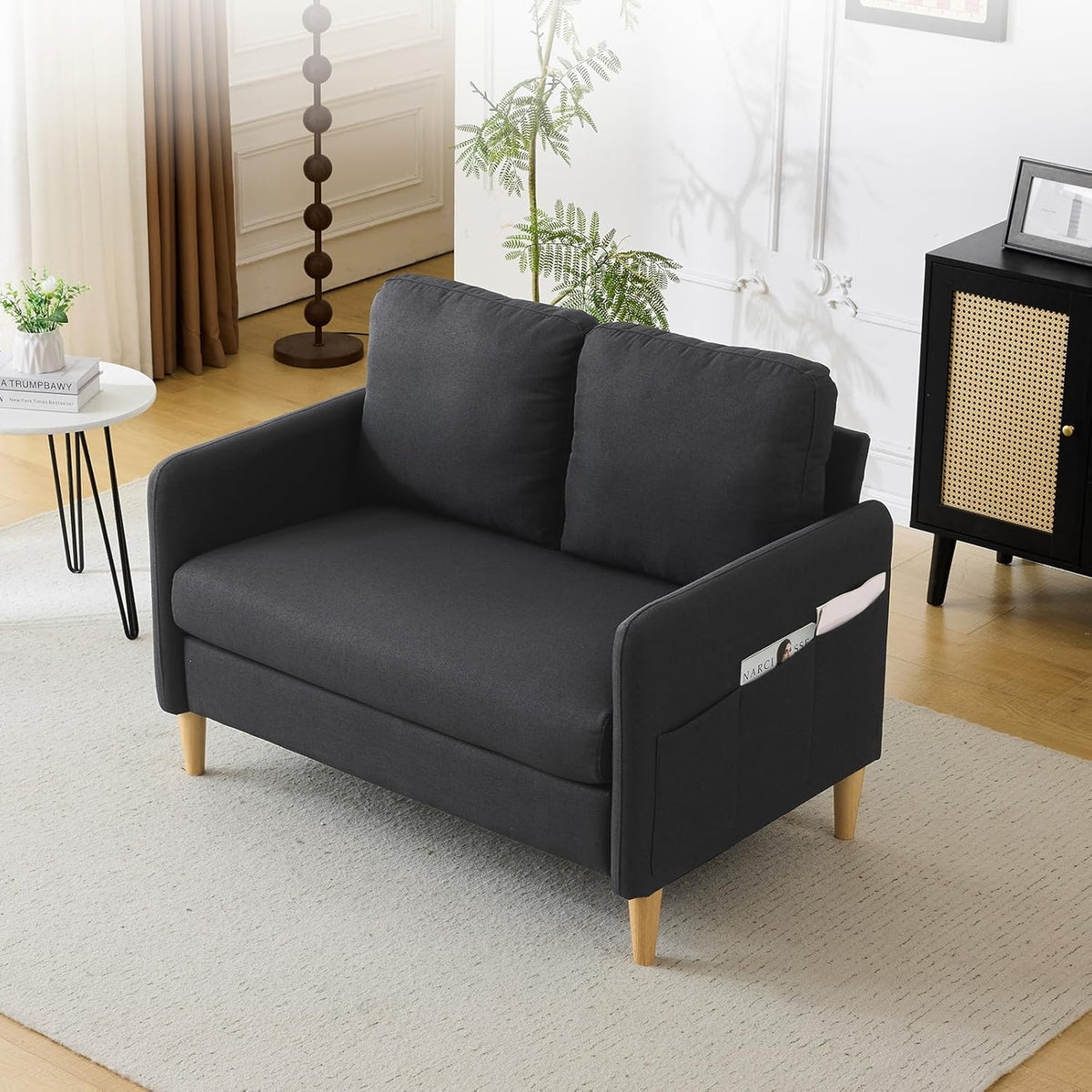 VINGLI 47" Small Couch, Linen Loveseat Sofa Black Mini Couch Mid Century Modern Decor Love Seat for