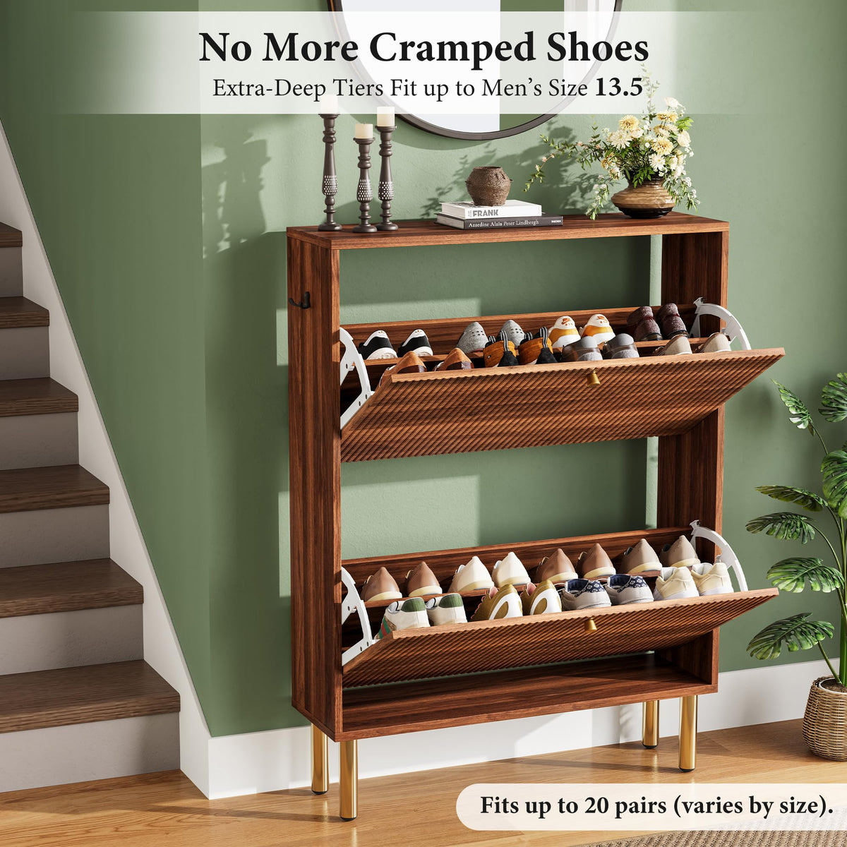 Nicetree Shoe Storage Cabinet for Entryway - 2 Flip Drawers Shoe Cabinet with Tiered Fluted Design