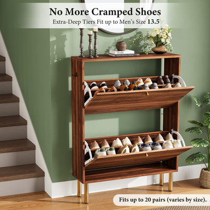 Nicetree Shoe Storage Cabinet for Entryway - 2 Flip Drawers Shoe Cabinet with Tiered Fluted Design