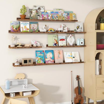 Fun Memories Picture Ledge Shelves Set of 2, 48 Inch Rustic Wall Mounted Floating Shelves with Lip