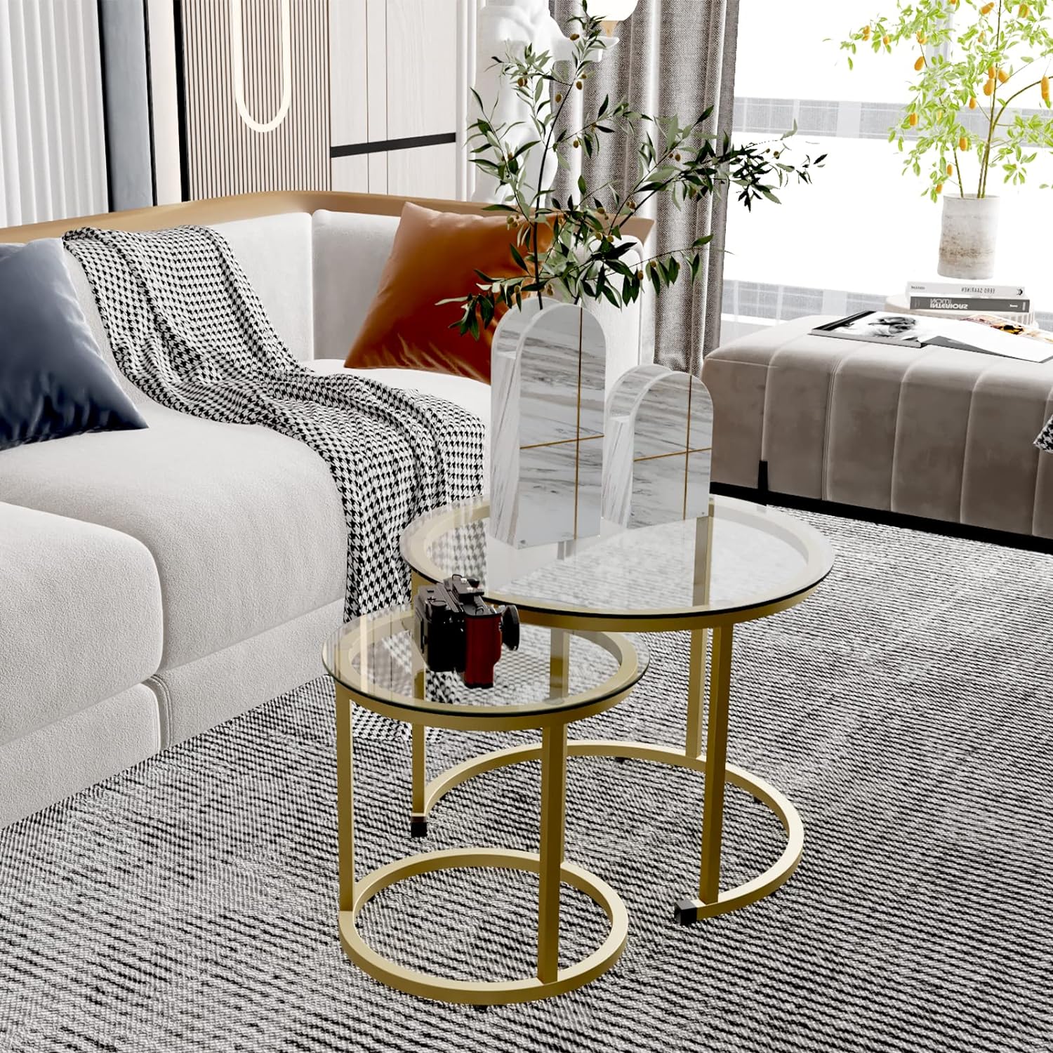 aboxoo Gold Nesting Coffee Table Set of 2, Small Glass Round Nesting Tables for Living Room