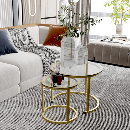 aboxoo Gold Nesting Coffee Table Set of 2, Small Glass Round Nesting Tables for Living Room