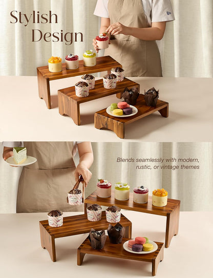 Acacia Wood Risers Display Stands Set of 3 - Wooden 3 Tier Cupcake Stand - 3 Tiered Riser for