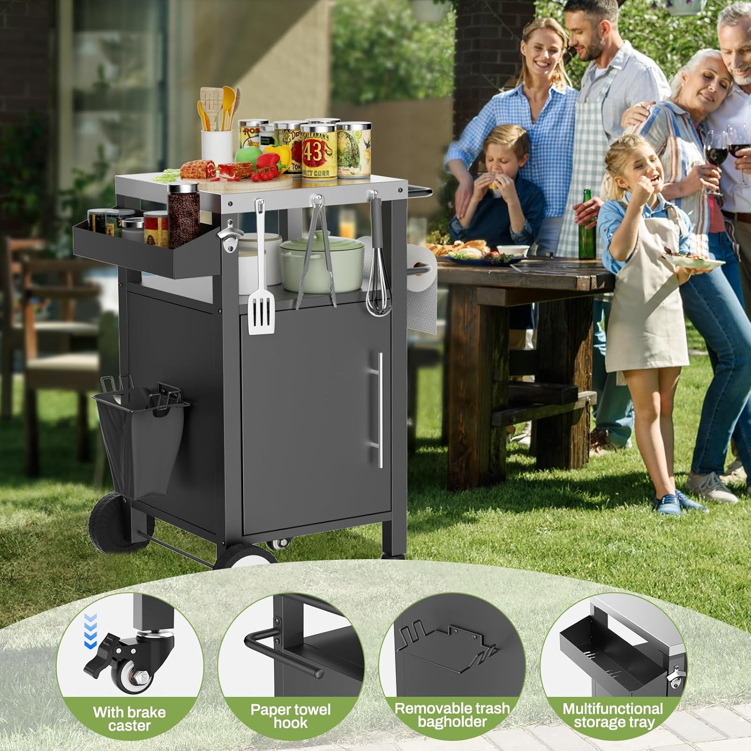 KEIKI Outdoor Grill Cart with Storage and Wheels, Rolling BBQ Prep Table with Spice Rack, Hooks