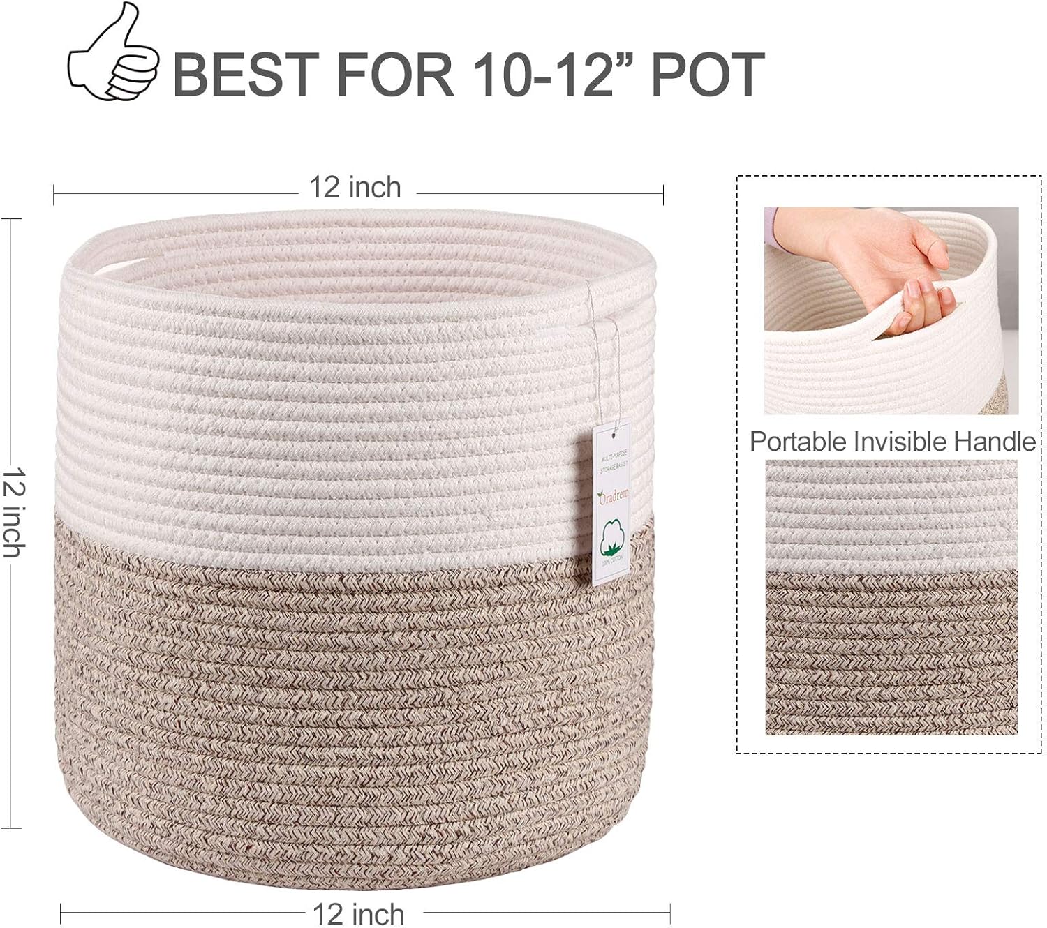 Woven Cotton Rope Plant Basket for 11 inch Flower Pot Floor Indoor Planters,Decorative Small Basket