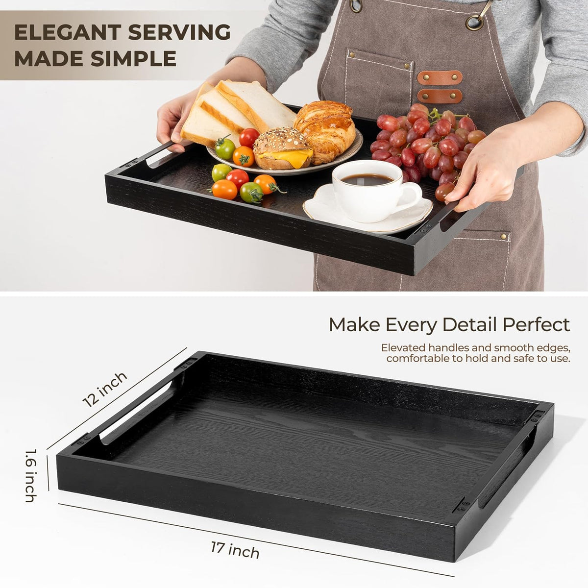 Axeman Wooden Serving Tray with Metal Handles|Ottoman Tray for Breakfast, Bed, Couch|17x13in Ash