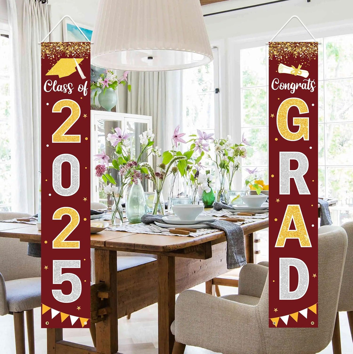Graduation Decorations 2025 GRAD Banner Maroon Porch Door Sign Welcome Banner For Indoor Outdoor