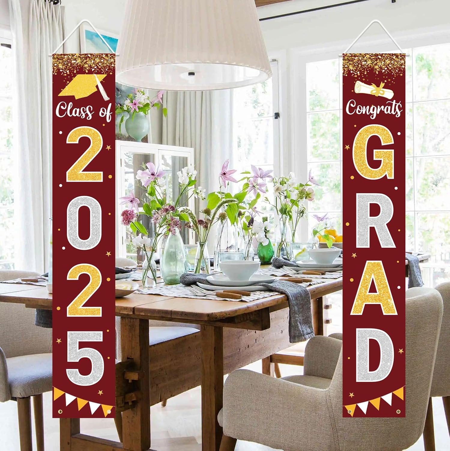 Graduation Decorations 2025 GRAD Banner Maroon Porch Door Sign Welcome Banner For Indoor Outdoor