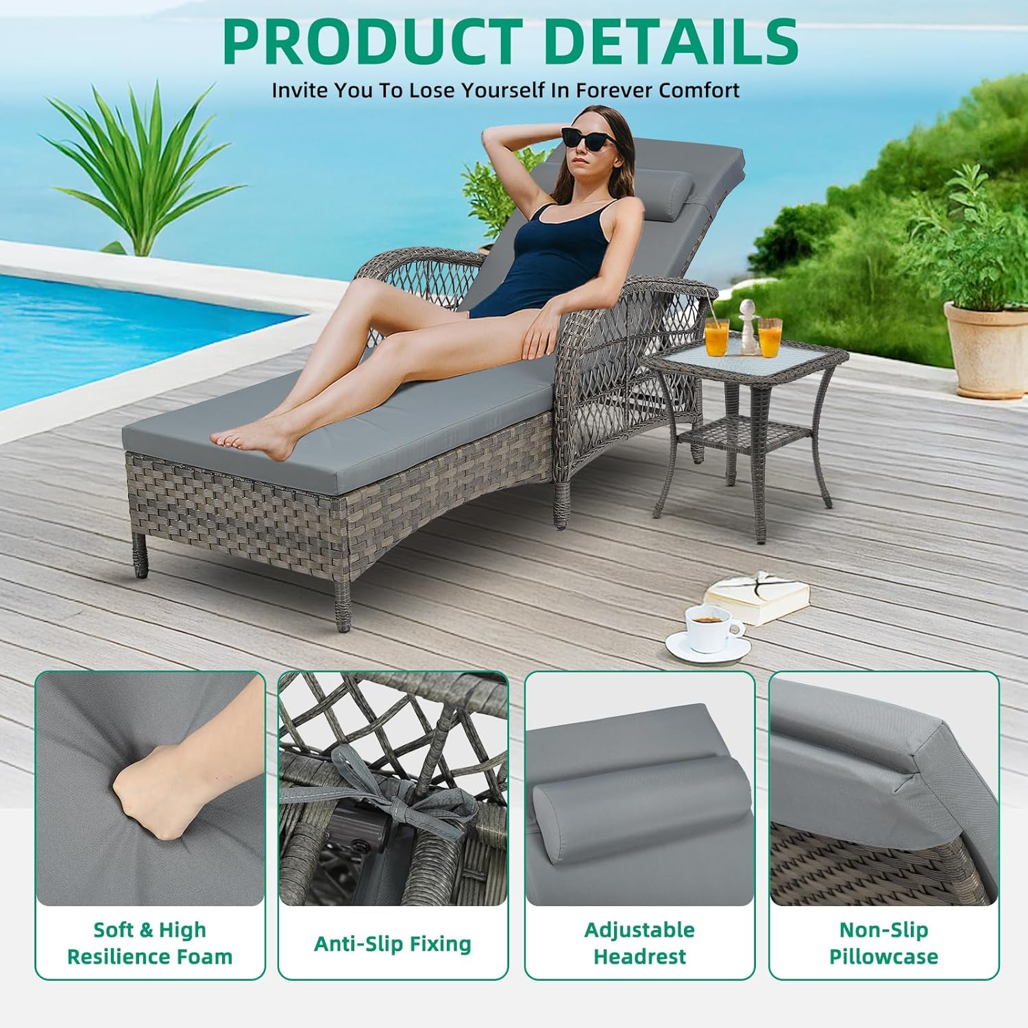 VIVIJASON Outdoor Wicker Chaise Lounge Chair, All-Weather PE Rattan Cushioned Patio Lounger Set