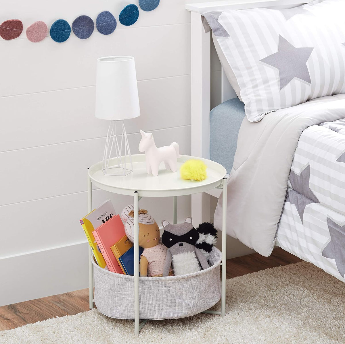 Amazon Basics Round Storage End Table, Side Table with Cloth Basket, White/Heather Gray, 17.7"L x