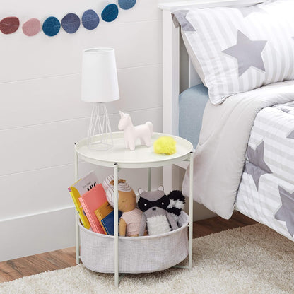 Amazon Basics Round Storage End Table, Side Table with Cloth Basket, White/Heather Gray, 17.7"L x