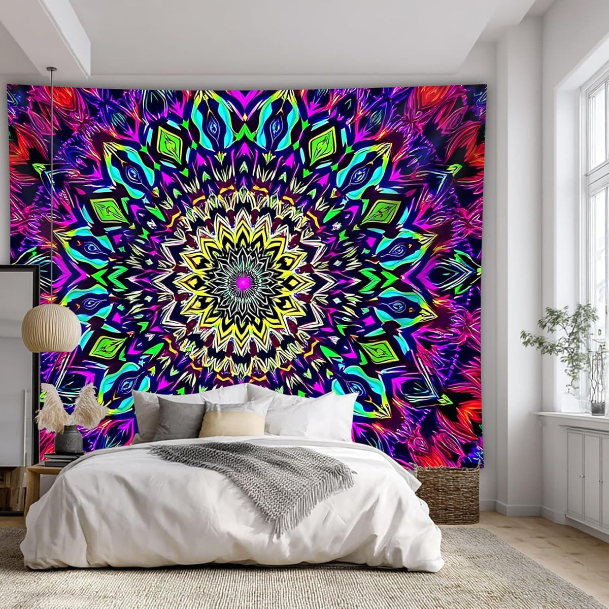 Blacklight Mandala Tapestry for Bedroom, XL Black Light Posters for Adults and Teens, Colorful UV