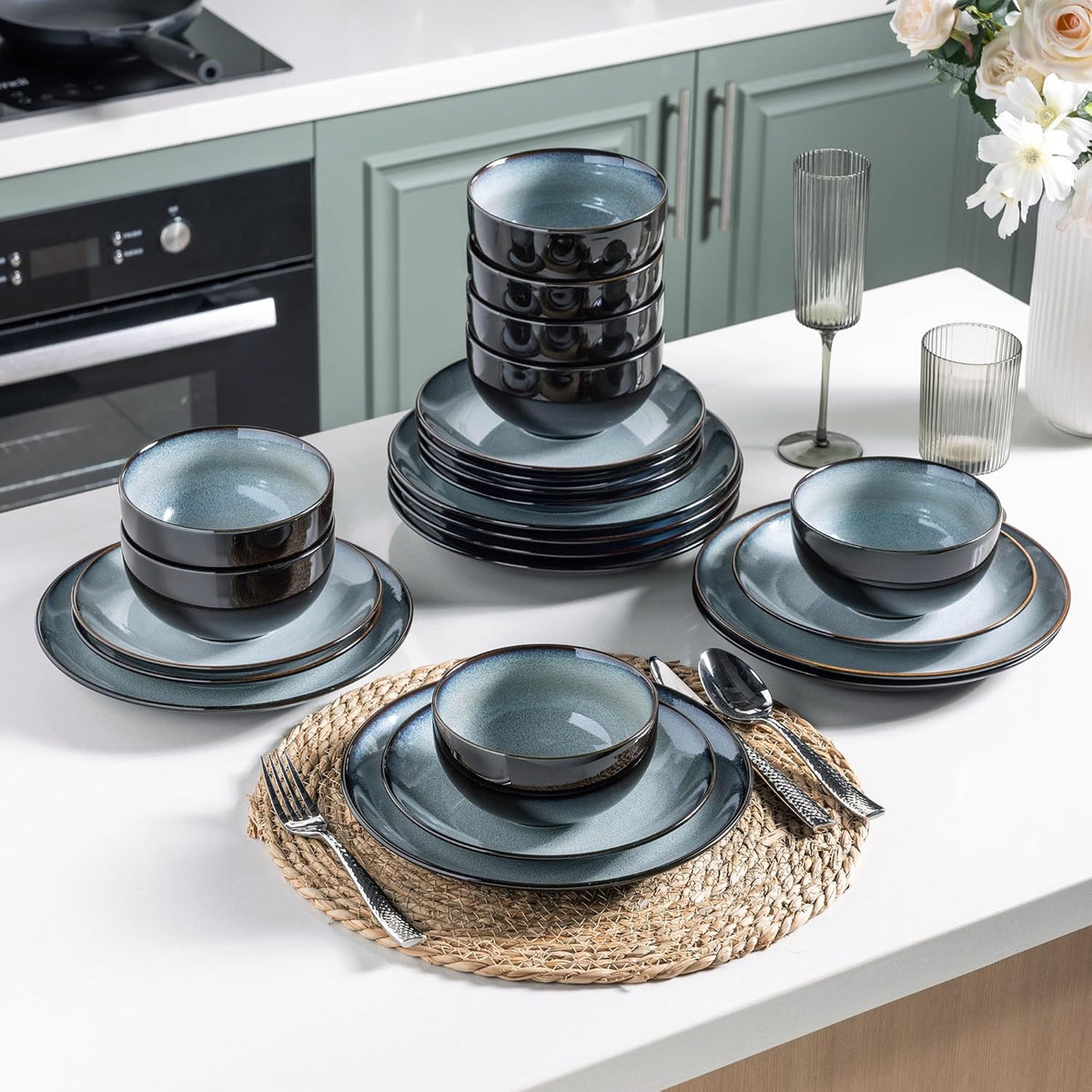 LeRatio Ceramic Dinnerware Sets for 6,Stoneware Plates and Bowls Sets,Handmade Reactive Glaze
