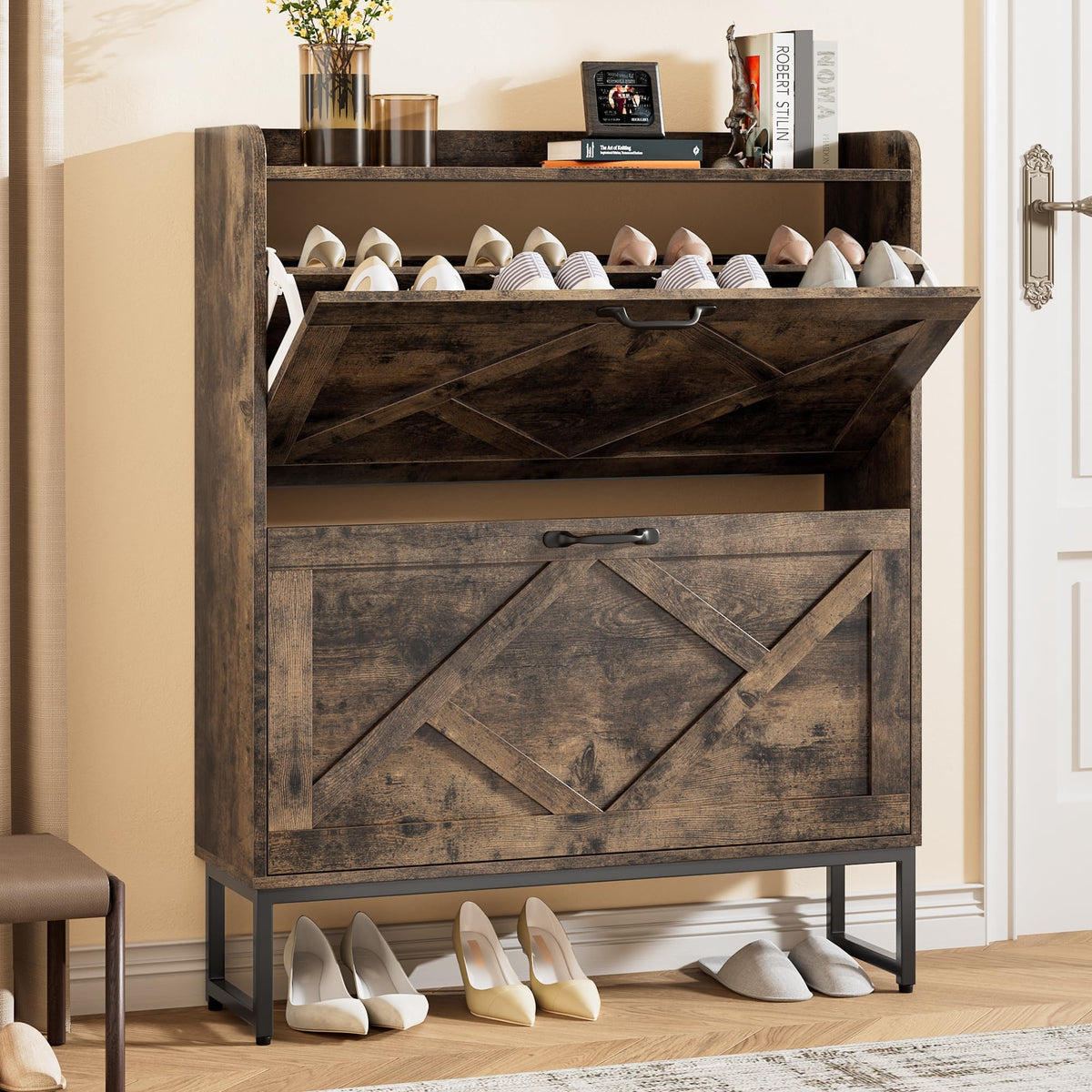 Nicetree Shoe Cabinet with 2 Flip Drawers, Entryway Organizer, Chestnut