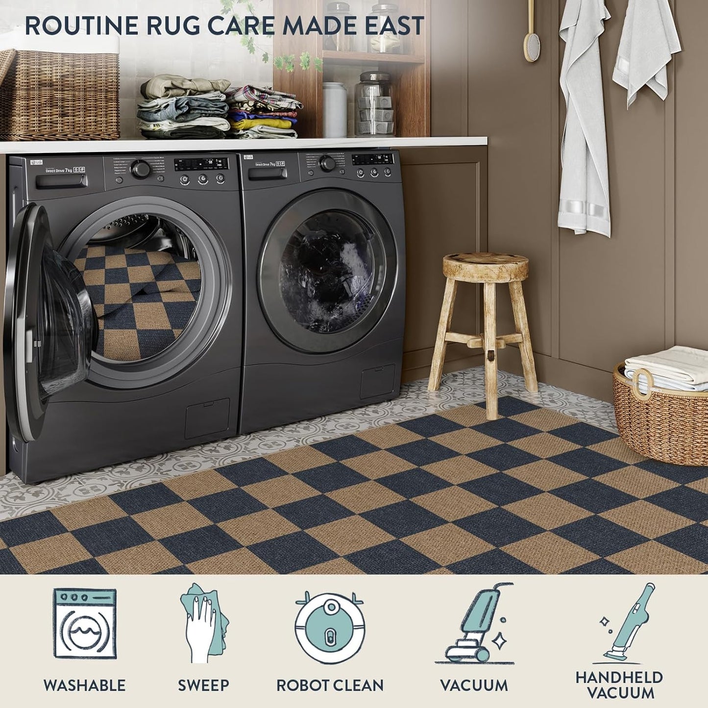 Lahome Checkered Easy Jute Indoor Outdoor Carpet, 3x5 Washable Rugs for Entryway Living Room