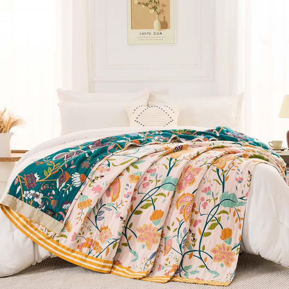Boho Throw Blanket for Bed, 100% Cotton Soft Rustic Quilt Fall Blanket, 80" 90" Floral Printed