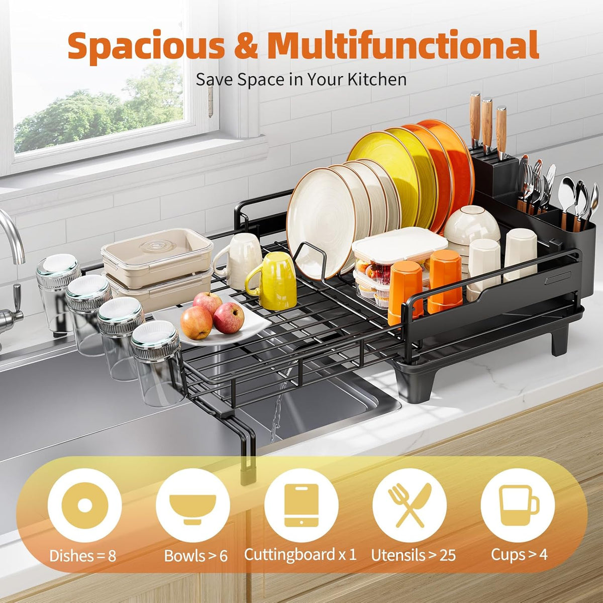 Extendable Dish Drying Rack, Multifunction Dish Rack for Kitchen Counter, Expandable Dish Drainer