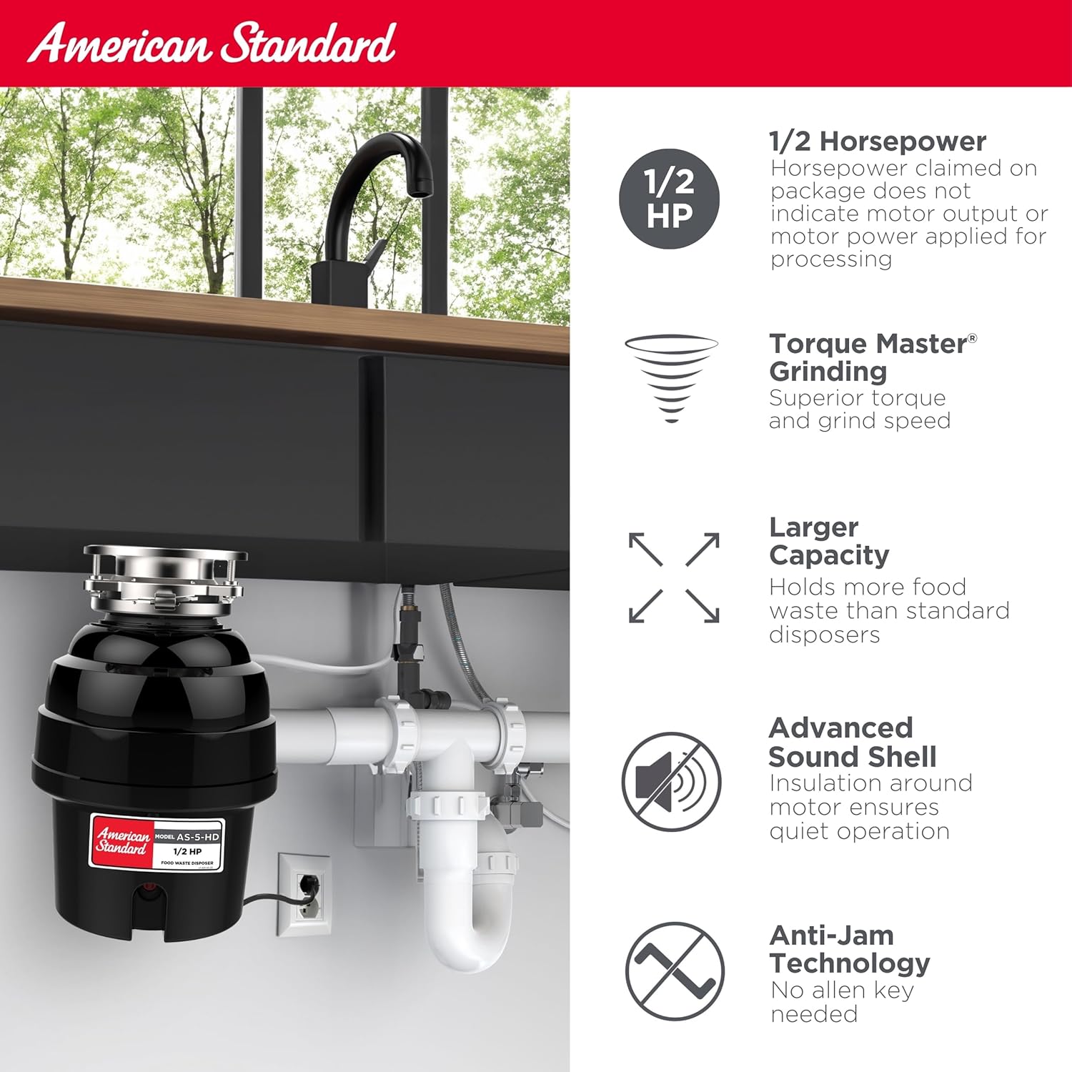 American Standard 10-US-AS-5-HD Garbage Disposal Anti-Jam Stainless Steel Food Waste Grinding