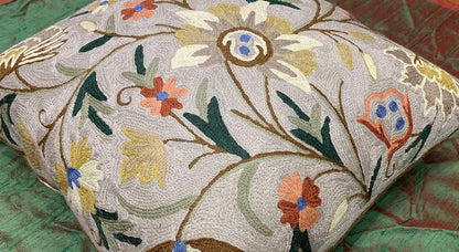 Beige Floral Pillow Cover Taupe Flower Traditional Hand Embroidered Pillowcase Traditional Outdoor
