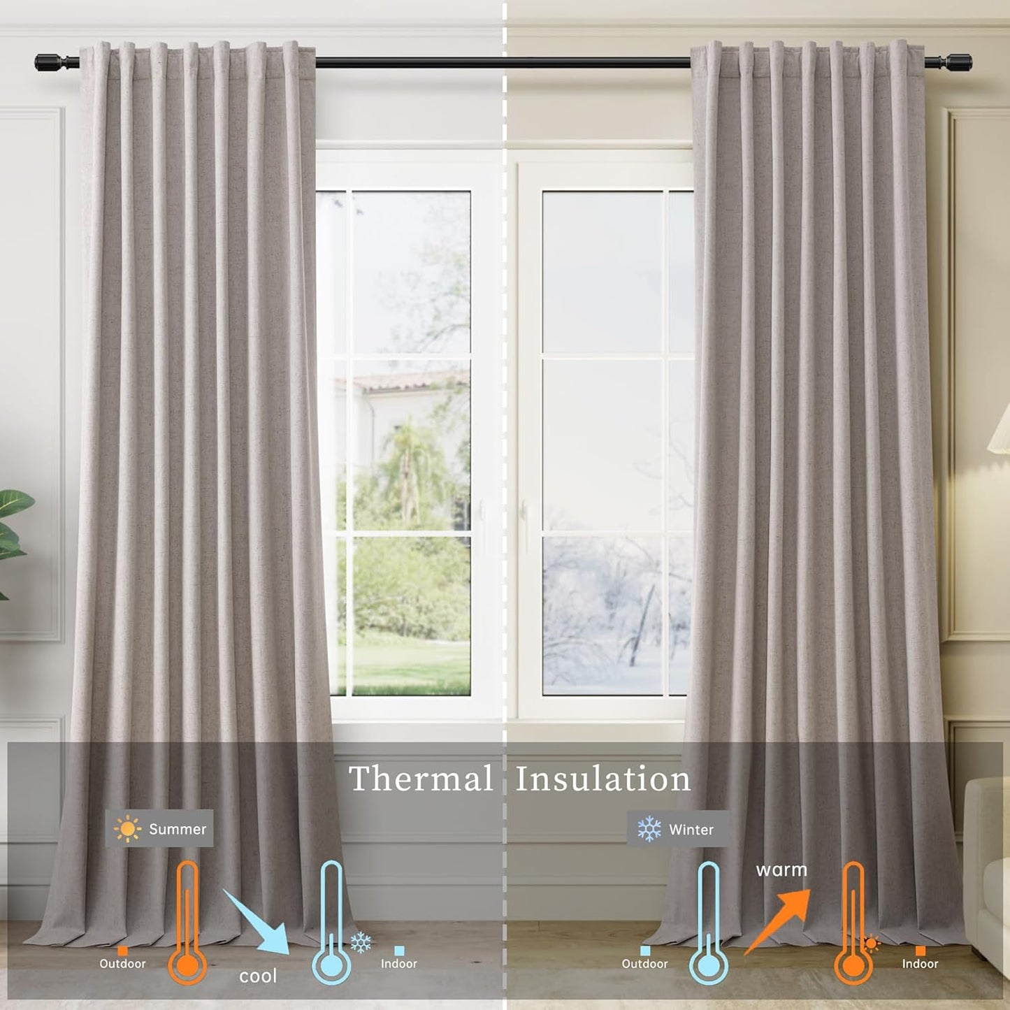 BOODII 108 Inch Black Out Curtains 2 Panels Set Back Tab Thermal Insulated Natural Linen Textured