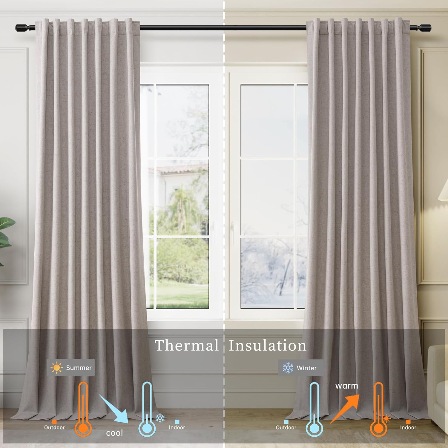 BOODII 108 Inch Black Out Curtains 2 Panels Set Back Tab Thermal Insulated Natural Linen Textured