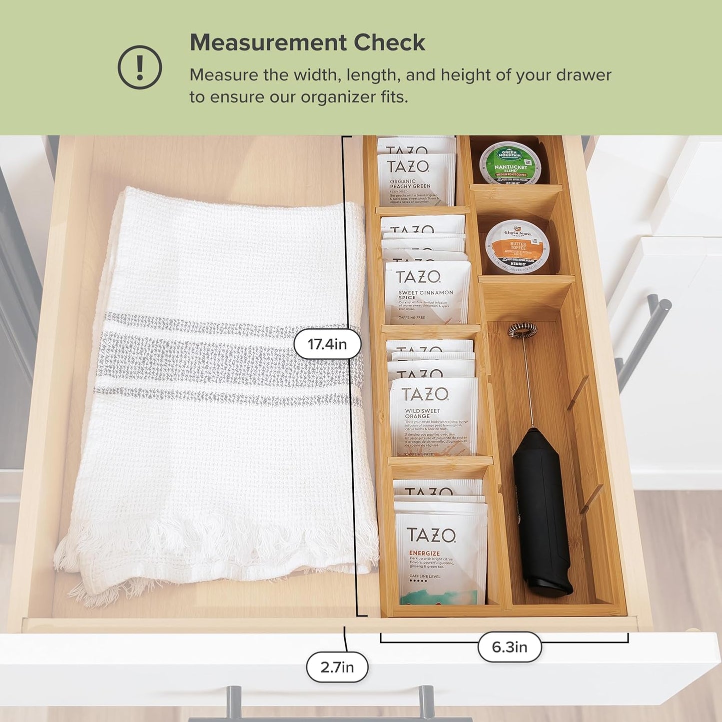 Premium Tea Bags and Coffee Pods Drawer Organizer – Small 9-Compartment Design with Removable Wall