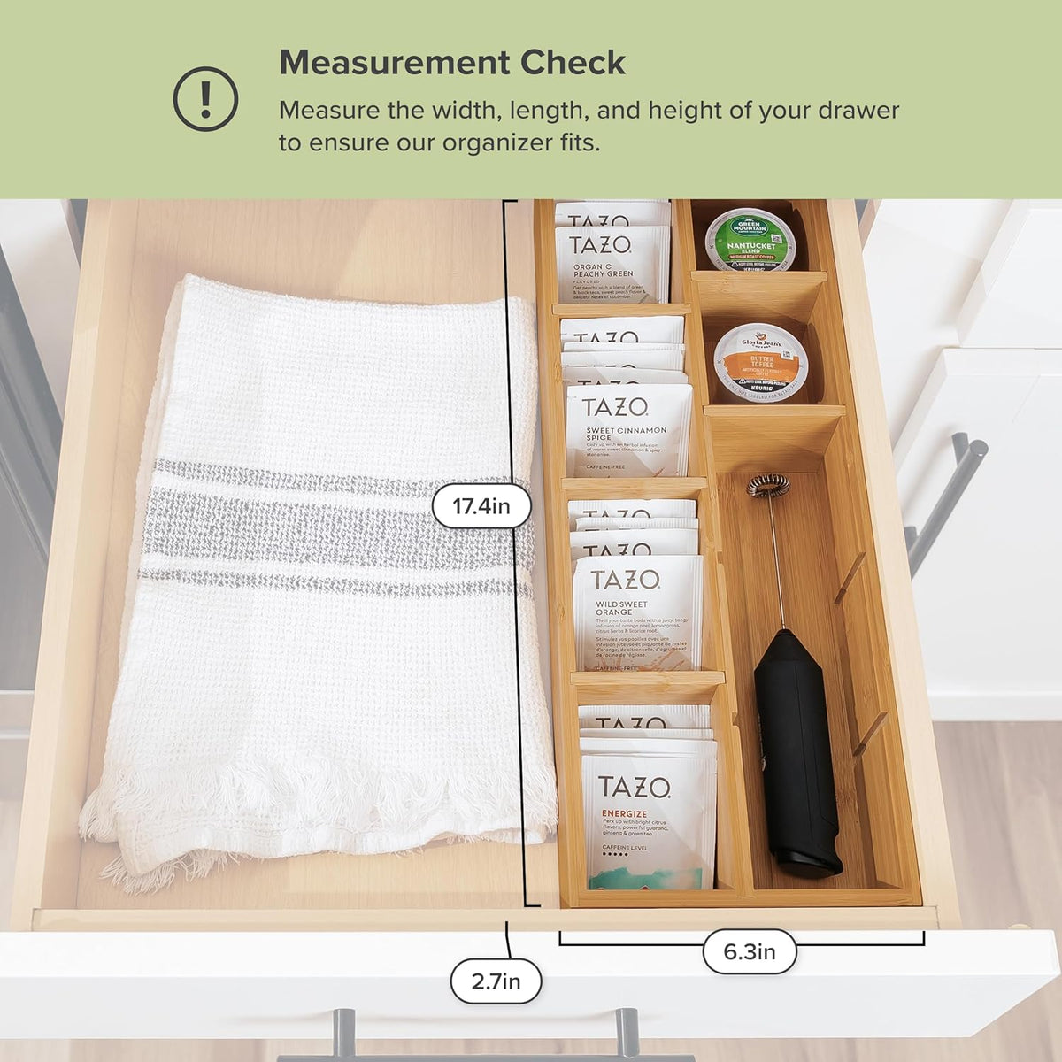Premium Tea Bags and Coffee Pods Drawer Organizer – Small 9-Compartment Design with Removable Wall